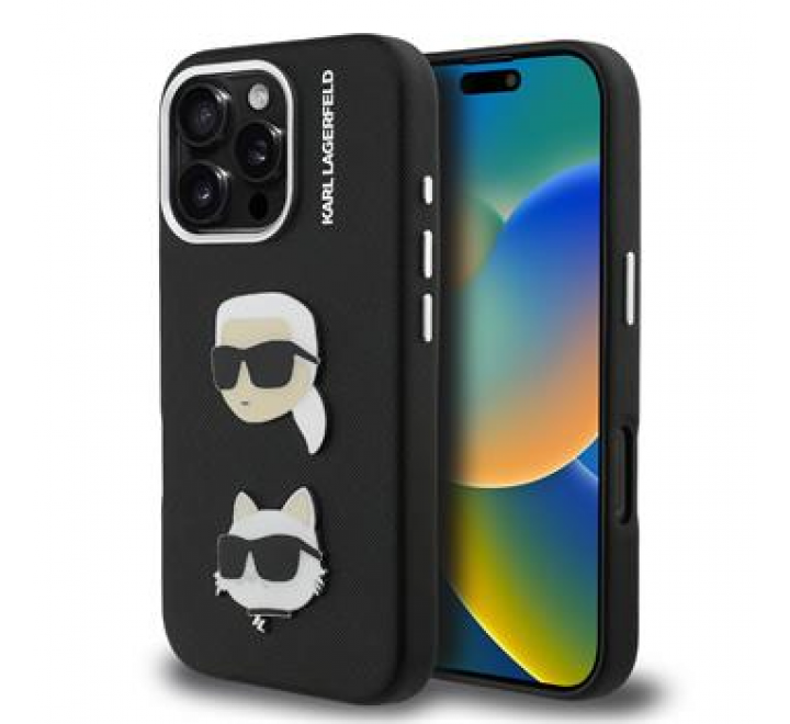Karl Lagerfeld Grained PU K&CH Heads Zadní Kryt pro iPhone 16 Pro Max Black