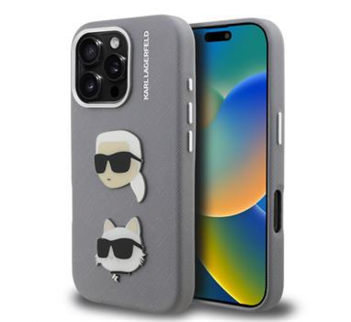 Karl Lagerfeld Grained PU K&CH Heads Zadní Kryt pro iPhone 16 Pro Max Grey