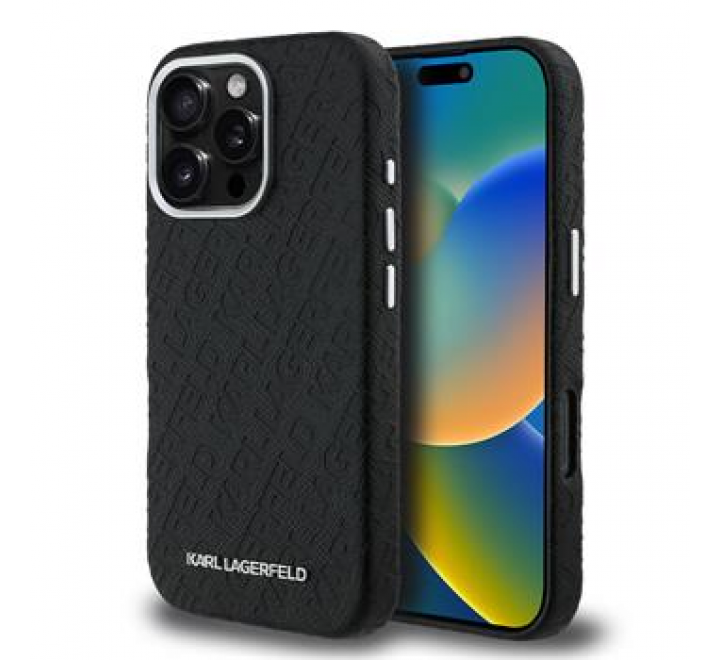 Karl Lagerfeld Grained PU Repeated Logo MagSafe Zadní Kryt pro iPhone 16 Pro Black