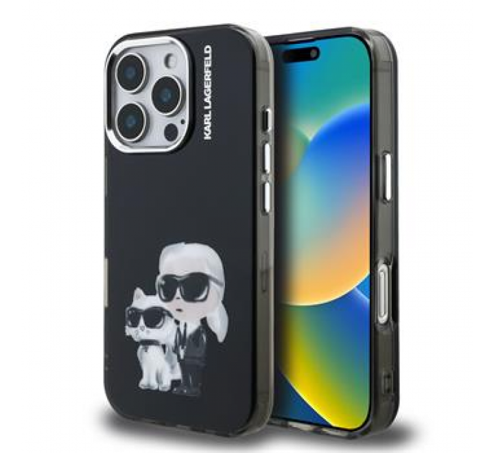 Karl Lagerfeld IML Aquarelle Karl and Choupette Zadní Kryt pro iPhone 16 Pro Black