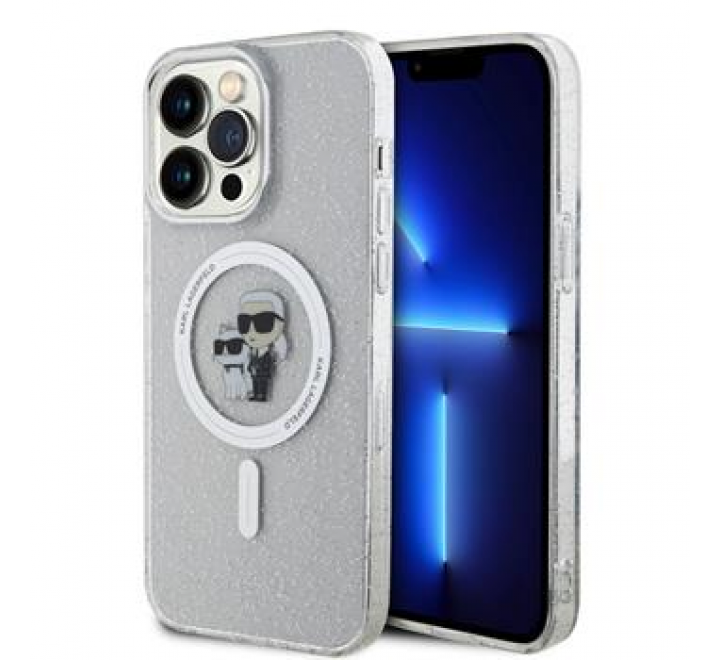 Karl Lagerfeld IML Glitter Karl and Choupette MagSafe Zadní Kryt pro iPhone 15 Pro Max Transparent