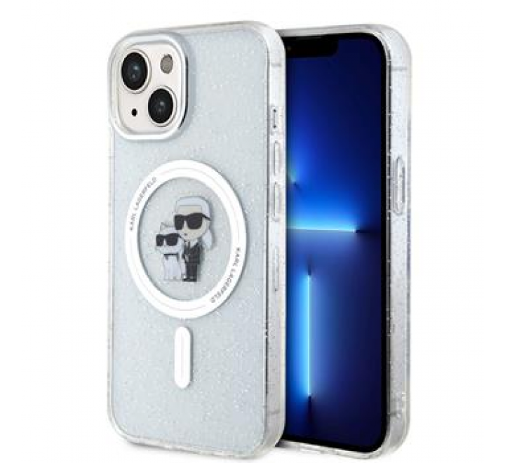 Karl Lagerfeld IML Glitter Karl and Choupette MagSafe Zadní Kryt pro iPhone 15 Transparent