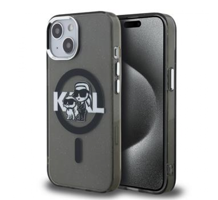 Karl Lagerfeld IML Glitter Karl and Choupette Sketch MagSafe Zadní Kryt pro iPhone 15 Black