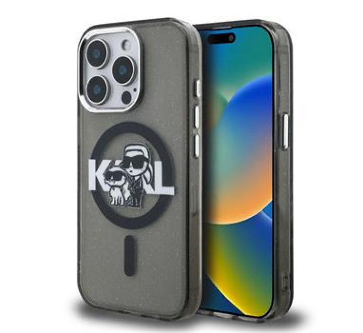 Karl Lagerfeld IML Glitter Karl and Choupette Sketch MagSafe Zadní Kryt pro iPhone 15 Pro Max Black