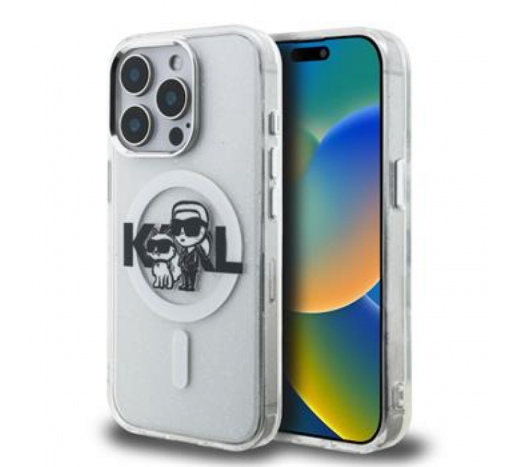 Karl Lagerfeld IML Glitter Karl and Choupette Sketch MagSafe Zadní Kryt pro iPhone 15 Pro Transparent