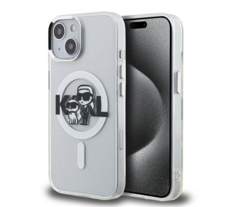Karl Lagerfeld IML Glitter Karl and Choupette Sketch MagSafe Zadní Kryt pro iPhone 15 Transparent