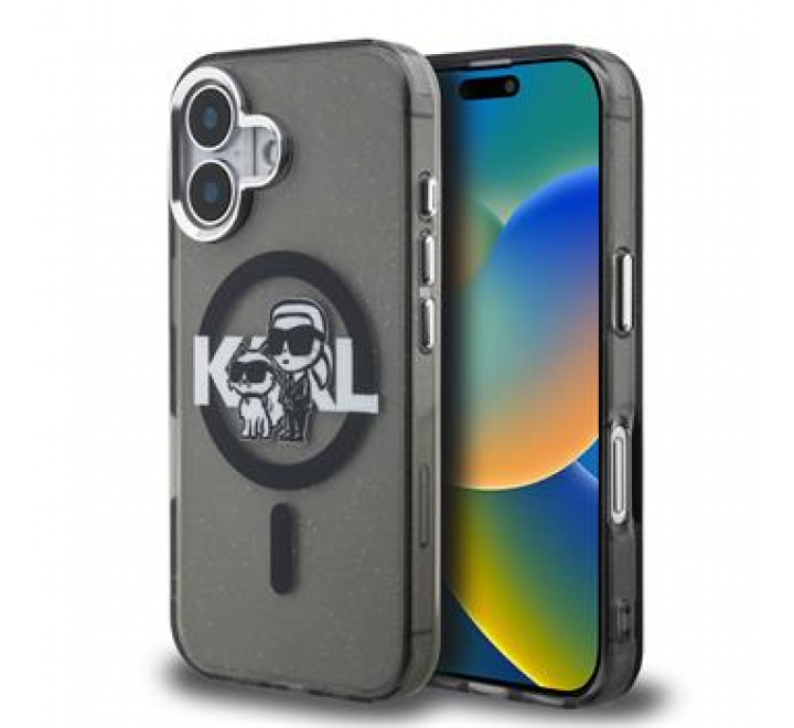 Karl Lagerfeld IML Glitter Karl and Choupette Sketch MagSafe Zadní Kryt pro iPhone 16 Black