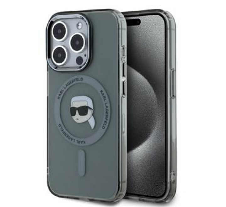 Karl Lagerfeld IML Karl Head Metal Frame MagSafe Zadní Kryt pro iPhone 15 Pro Max Black