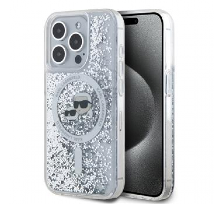 Karl Lagerfeld Liquid Glitter Karl and Choupette Heads MagSafe Zadní Kryt pro iPhone 15 Pro Max Transparent