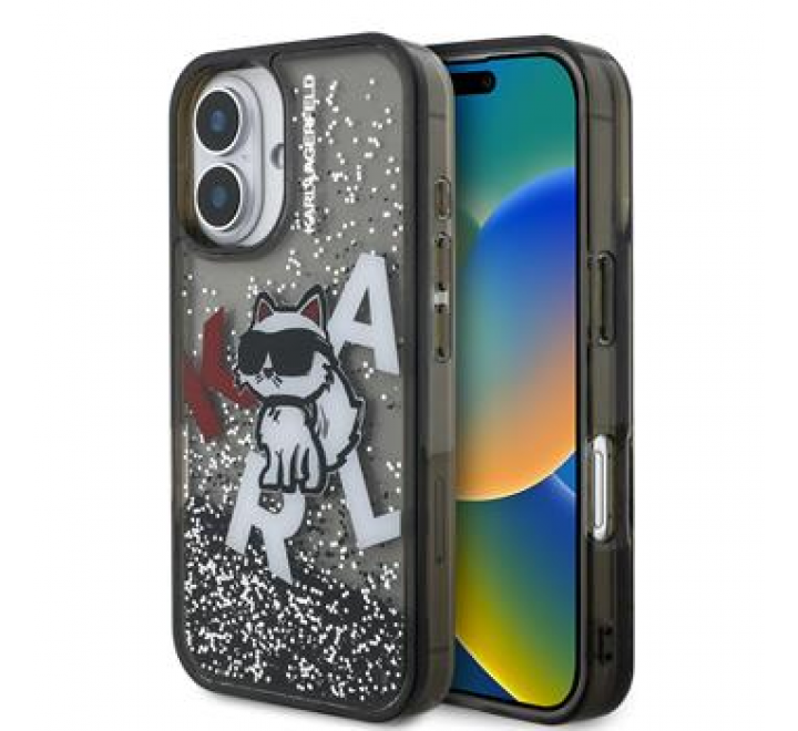 Karl Lagerfeld Liquid Glitter Scattered Choupette Zadní Kryt pro iPhone 16 Black