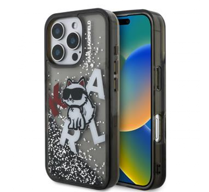 Karl Lagerfeld Liquid Glitter Scattered Choupette Zadní Kryt pro iPhone 16 Pro Max Black