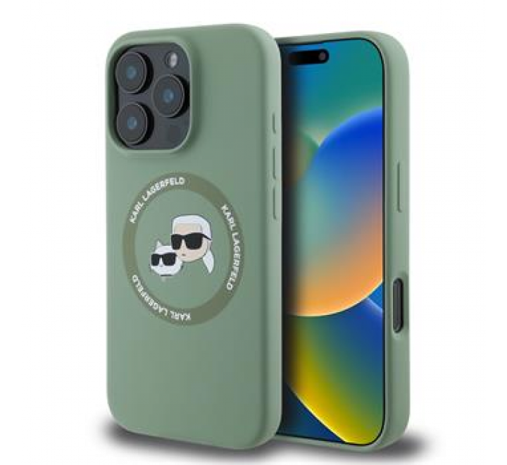 Karl Lagerfeld Liquid Silicone K&CH Heads MagSafe Zadní Kryt pro iPhone 16 Pro Kaki