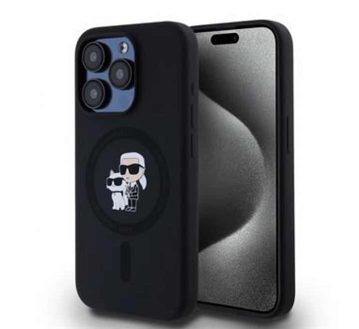Karl Lagerfeld Liquid Silicone Karl and Choupette Magsafe Zadní Kryt pro iPhone 15 Pro Black