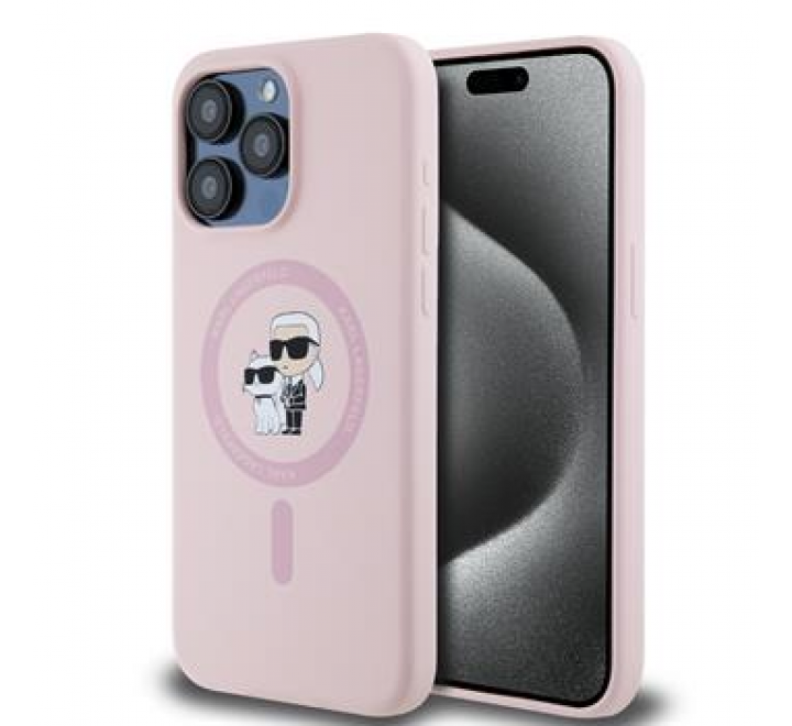 Karl Lagerfeld Liquid Silicone Karl and Choupette Magsafe Zadní Kryt pro iPhone 15 Pro Pink