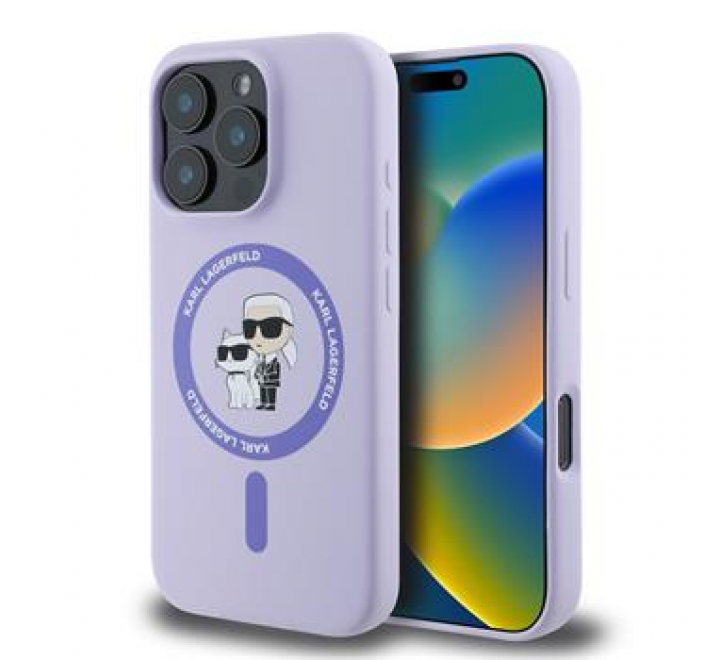 Karl Lagerfeld Liquid Silicone Karl and Choupette MagSafe Zadní Kryt pro iPhone 16 Pro Purple