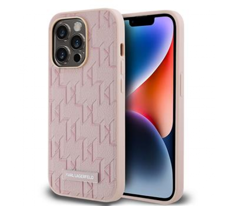 Karl Lagerfeld PU Leather Monogram Metal Logo Magsafe Zadní Kryt pro iPhone 14 Pro Max Pink