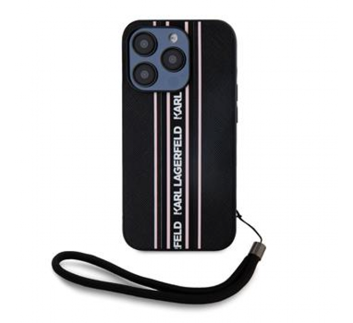 Karl Lagerfeld PU Saffiano Athleisure Stripe and Strap Zadní Kryt pro iPhone 15 Pro Max Pink