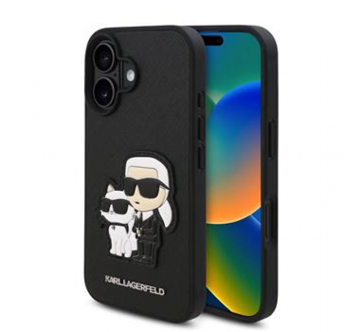 Karl Lagerfeld PU Saffiano Karl and Choupette Zadní Kryt pro iPhone 16 Black