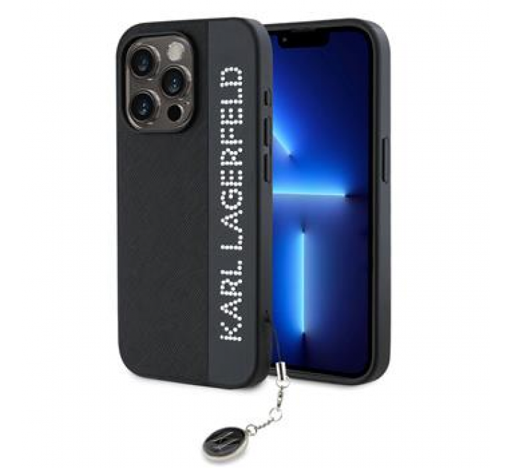 Karl Lagerfeld PU Saffiano Rhinestone Charm Zadní Kryt pro iPhone 15 Pro Max Black