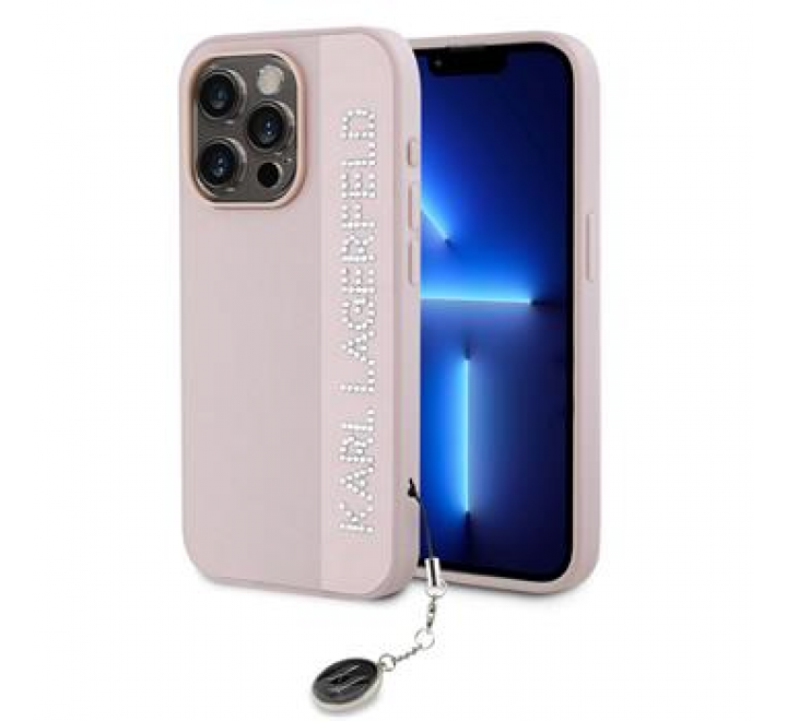 Karl Lagerfeld PU Saffiano Rhinestone Charm Zadní Kryt pro iPhone 15 Pro Pink