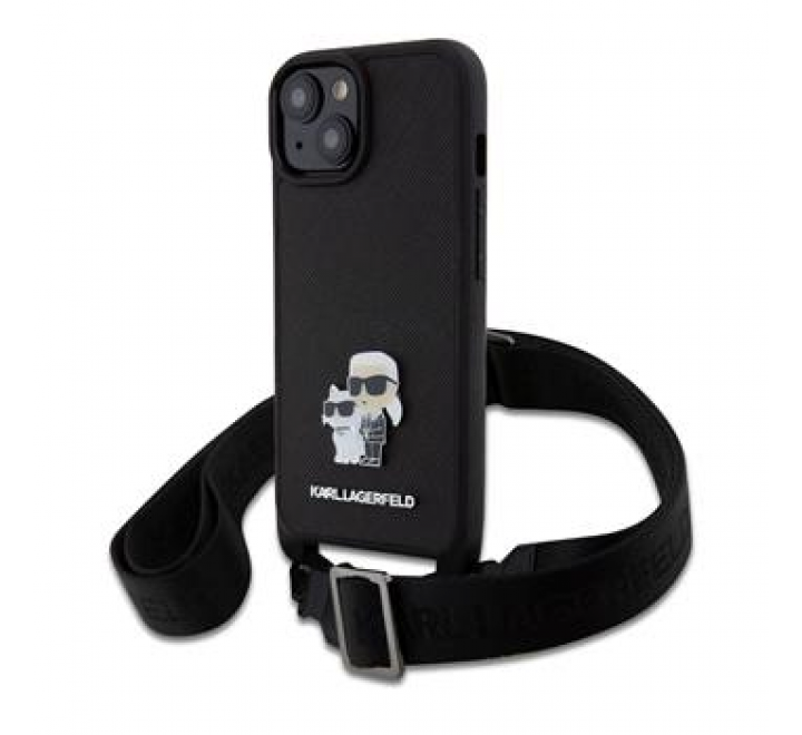 Karl Lagerfeld Saffiano Crossbody Metal Karl and Choupette Zadní Kryt pro iPhone 15 Black