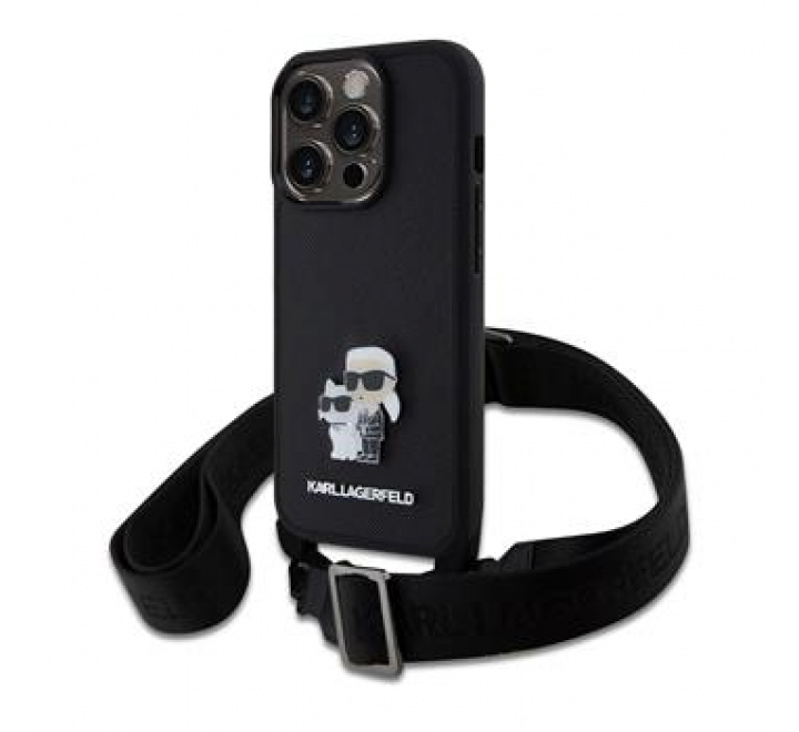 Karl Lagerfeld Saffiano Crossbody Metal Karl and Choupette Zadní Kryt pro iPhone 15 Pro Black