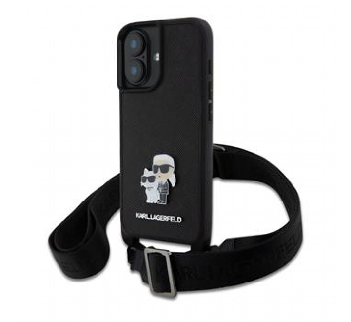 Karl Lagerfeld Saffiano Crossbody Popruh Metal Karl and Choupette Zadní Kryt pro iPhone 16 Plus Black