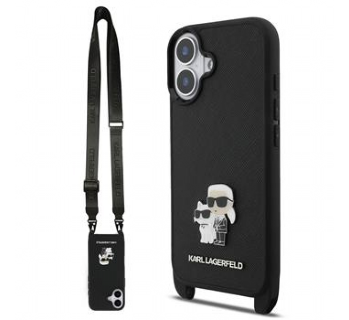 Karl Lagerfeld Saffiano Crossbody Popruh Metal Karl and Choupette Zadní Kryt pro iPhone 17 Black