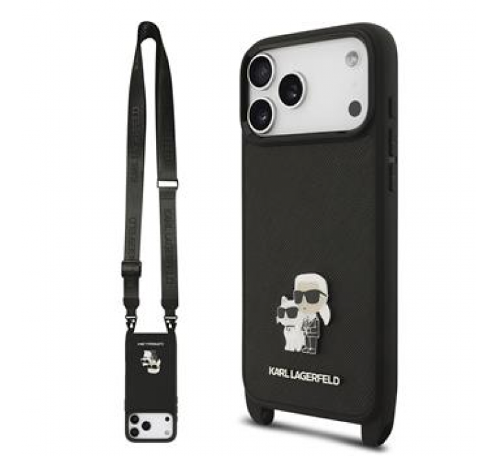 Karl Lagerfeld Saffiano Crossbody Popruh Metal Karl and Choupette Zadní Kryt pro iPhone 17 Pro Black