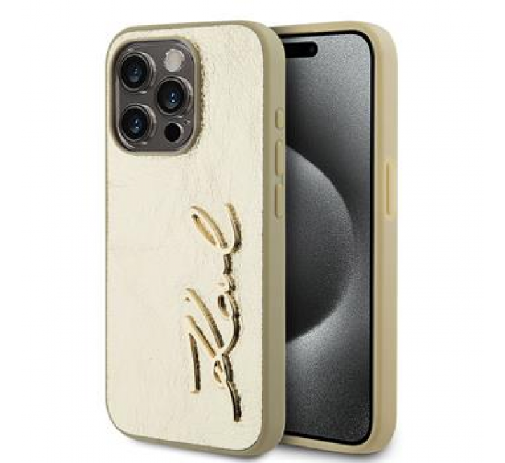 Karl Lagerfeld Wrinkled PU Signature Logo Zadní Kryt pro iPhone 15 Pro Max Gold