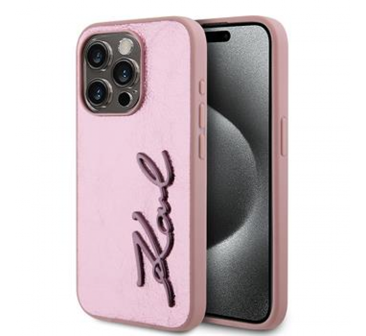 Karl Lagerfeld Wrinkled PU Signature Logo Zadní Kryt pro iPhone 15 Pro Pink