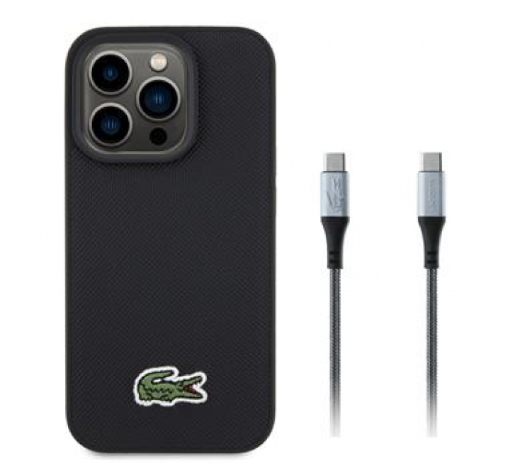 Lacoste Iconic Petit Pique Woven Logo MagSafe Zadní Kryt pro iPhone 15 Pro Black + USB-C/USB-C Datový Kabel