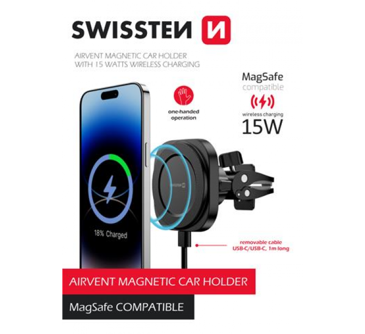 MAGNETICKÝ DRŽÁK DO VENTILACE AUTA SWISSTEN MAGSTICK COMPACT S BEZDRÁTOVÝM NABÍJENÍM 15W/7,5W (kompatibilní s MagSafe)