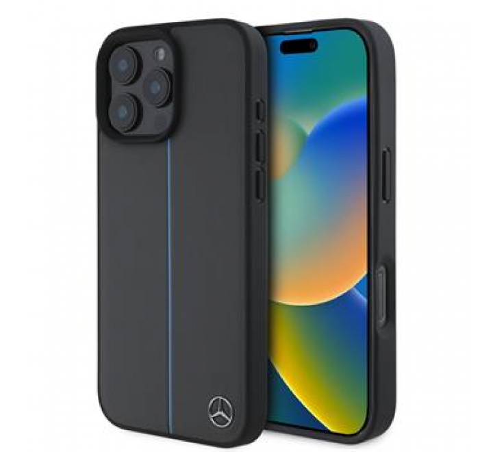 Mercedes Leather Blue Stripe MagSafe Zadní Kryt pro iPhone 16 Pro Anthracite Grey