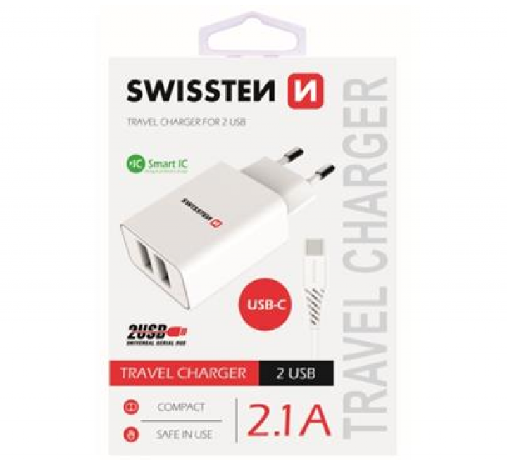 Nabíječ cestovní SWISSTEN 2x USB, IC, 2.1A + USB-C kabel, bílá