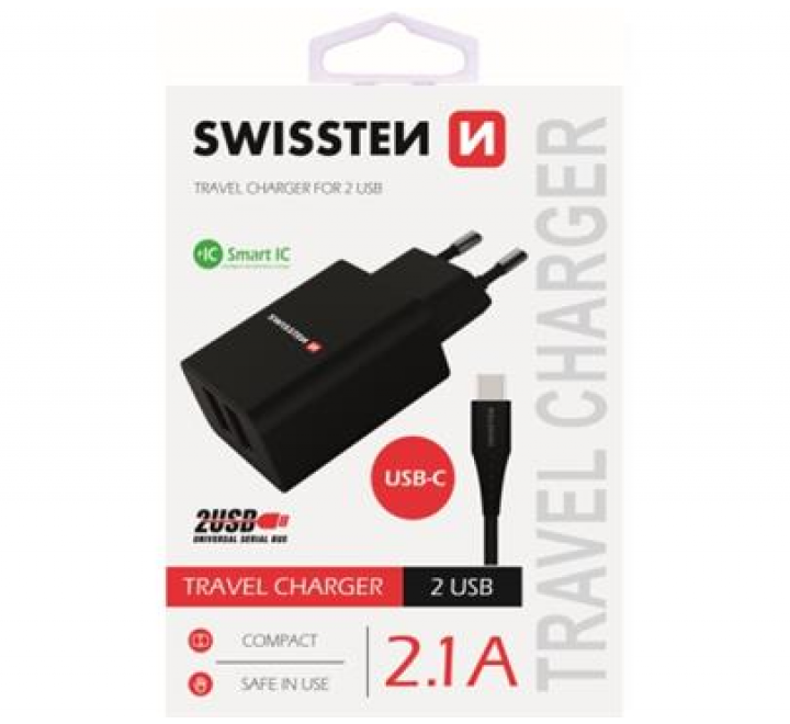 Nabíječ cestovní SWISSTEN 2x USB, IC, 2.1A + USB-C kabel, černá