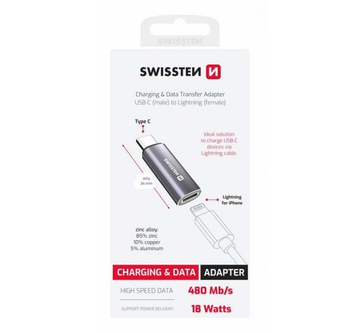 NABÍJECÍ ADAPTÉR SWISSTEN TEXTILE USB-C (samec) / LIGHTNING (samice) STŘÍBRNÝ