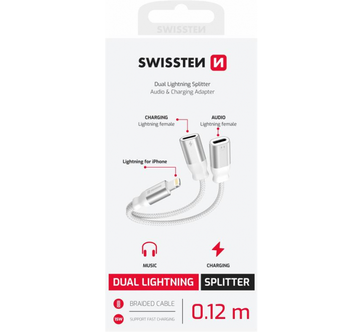 NABÍJECÍ AUDIO ADAPTÉR SWISSTEN TEXTILE LIGHTNING (samec) / 2x LIGHTNING (samice) 0,12 M BÍLÝ