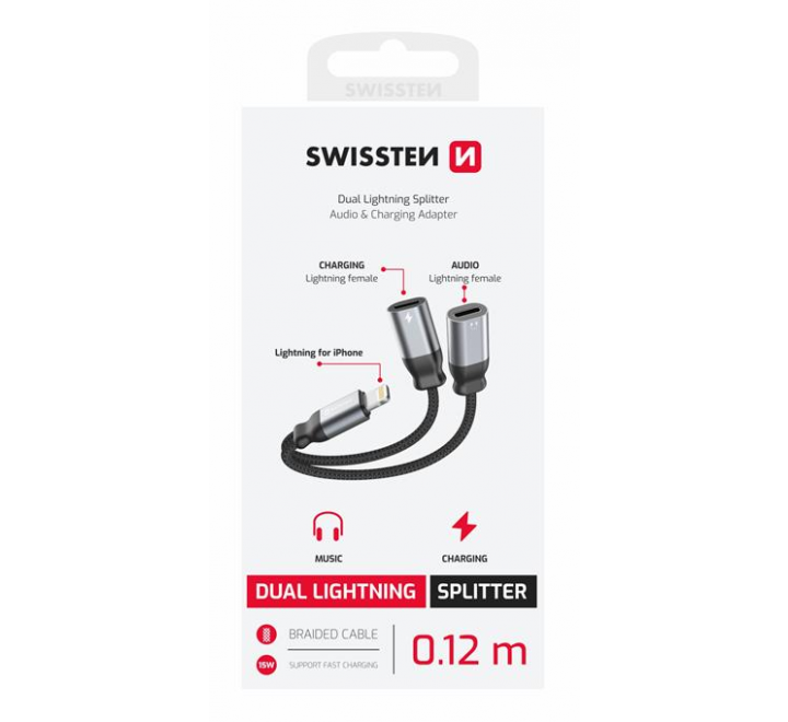 NABÍJECÍ AUDIO ADAPTÉR SWISSTEN TEXTILE LIGHTNING (samec) / 2x LIGHTNING (samice) 0,12 M ČERNÝ