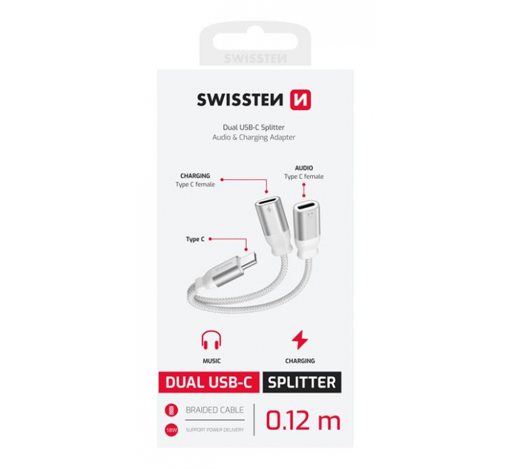 NABÍJECÍ AUDIO ADAPTÉR SWISSTEN TEXTILE USB-C (samec) / 2x USB-C (samice) 0,12 M BÍLÝ