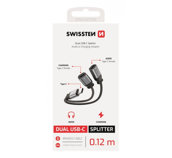 NABÍJECÍ AUDIO ADAPTÉR SWISSTEN TEXTILE USB-C (samec) / 2x USB-C (samice) 0,12 M ČERNÝ