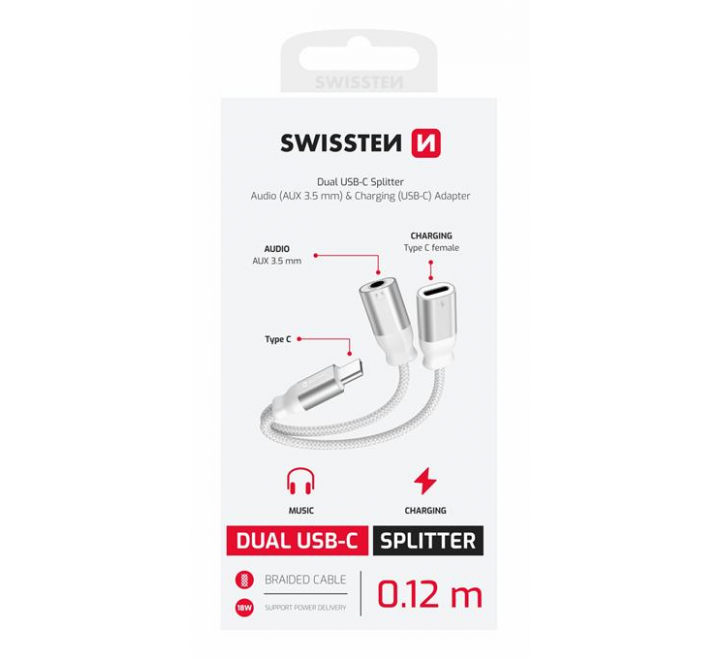 NABÍJECÍ AUDIO ADAPTÉR SWISSTEN TEXTILE USB-C (samec) / USB-C (samice) a 3,5mm AUX 0,12 M BÍLÝ
