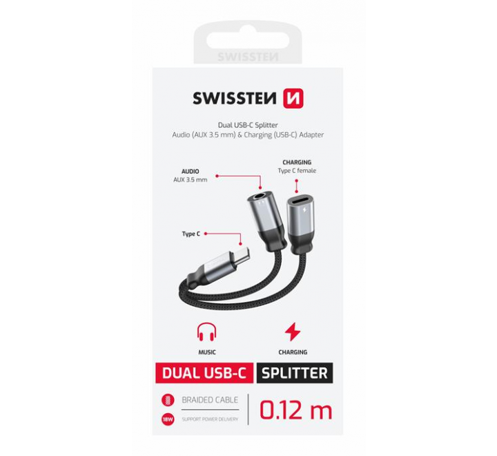 NABÍJECÍ AUDIO ADAPTÉR SWISSTEN TEXTILE USB-C (samec) / USB-C (samice) a 3,5mm AUX 0,12 M ČERNÝ