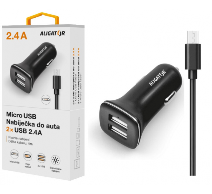Nabíječka do auta ALIGATOR s microUSB kabelem a 2xUSB výstupem 2,4A, Turbo charge, černá