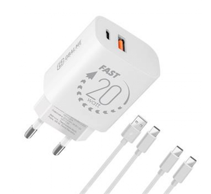 OBAL:ME Cestovní Nabíječka USB-A + USB-C 20W + 2x kabel 1m White