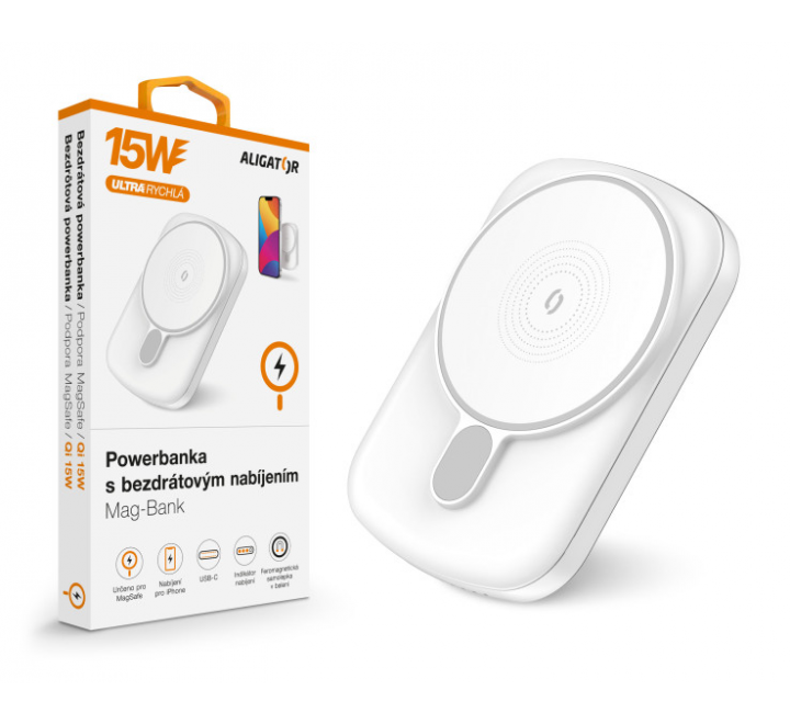 Powerbanka s bezdrátovým nabíjením ALIGATOR Mag-Bank, určeno pro Magsafe, 5000mAh, bílá