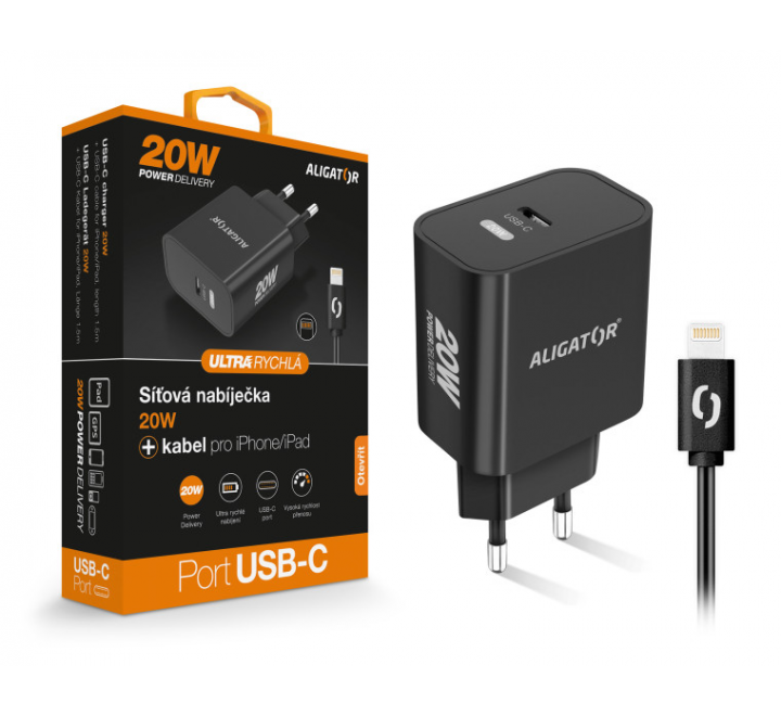 Rychlá nabíječka USB-C ALIGATOR PD 20W s kabelem USB-C/Lightning(iPhone), černá