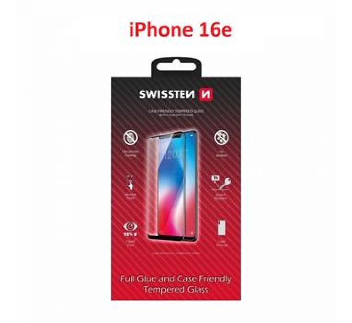 SKLO SWISSTEN FULL GLUE, COLOR FRAME, CASE FRIENDLY PRO APPLE IPHONE 16e ČERNÉ