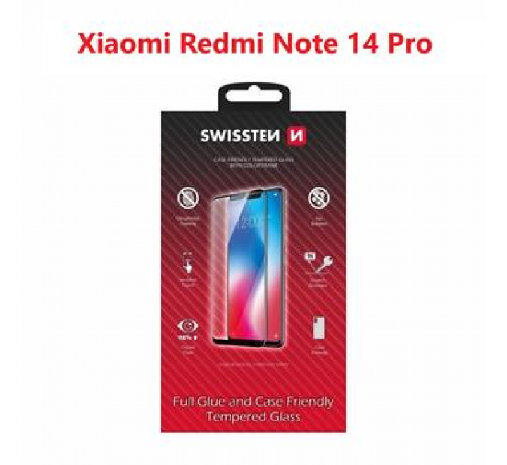 SKLO SWISSTEN FULL GLUE, COLOR FRAME, CASE FRIENDLY PRO XIAOMI REDMI NOTE 14 PRO 5G ČERNÉ