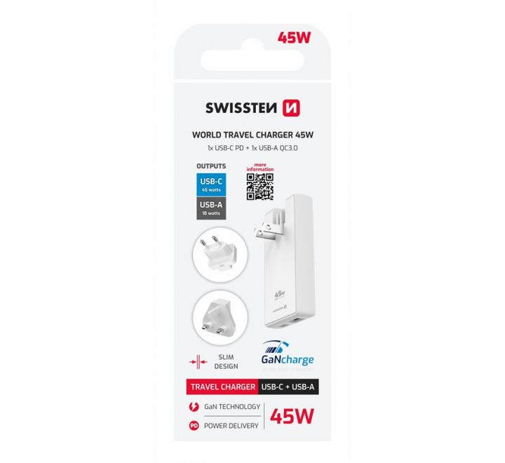 SWISSTEN CESTOVNÍ ADAPTÉR GaN USB-C + USB-A 45W VÝMĚNNÉ VIDLICE (US, EU, UK) BÍLÝ